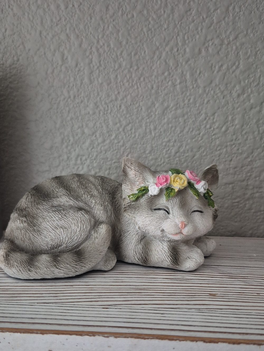 Decorative Grey Cat Figurine with Pink & Yellow Flower Crown